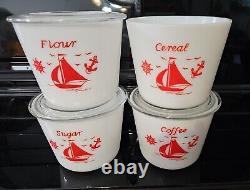 SET OF 4 Vintage Mckee Milk Glass Sailboat Canister Set, Coffee, Cereal, Flour