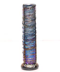 SIGNED David Lindsay 7 Iridescent STUDIO ART GLASS VASE Threaded Blue Aurene