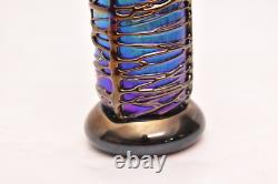 SIGNED David Lindsay 7 Iridescent STUDIO ART GLASS VASE Threaded Blue Aurene