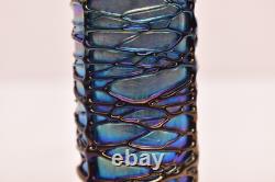 SIGNED David Lindsay 7 Iridescent STUDIO ART GLASS VASE Threaded Blue Aurene