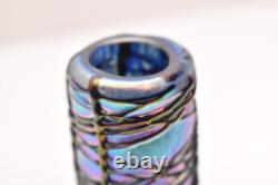 SIGNED David Lindsay 7 Iridescent STUDIO ART GLASS VASE Threaded Blue Aurene