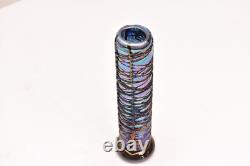 SIGNED David Lindsay 7 Iridescent STUDIO ART GLASS VASE Threaded Blue Aurene