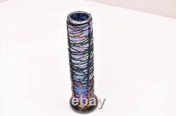 SIGNED David Lindsay 7 Iridescent STUDIO ART GLASS VASE Threaded Blue Aurene