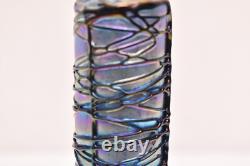 SIGNED David Lindsay 7 Iridescent STUDIO ART GLASS VASE Threaded Blue Aurene