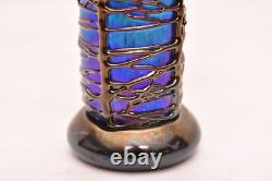 SIGNED David Lindsay 7 Iridescent STUDIO ART GLASS VASE Threaded Blue Aurene