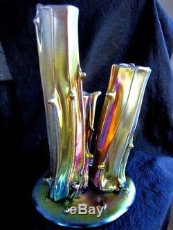 STEUBEN GLASS 3 PRONG STUMP VASE CLASSIC AURENE With BLUE, PURPLE, GOLD HIGHLIGHTS
