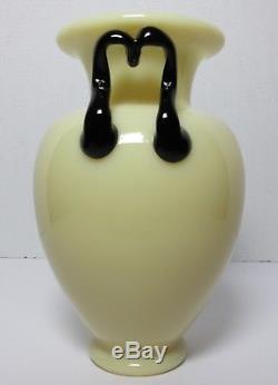 STEUBEN GLASS IVORY COLOR & MIRROR BLACK HANDLED VASE 1920s ART DECO 10 3/4