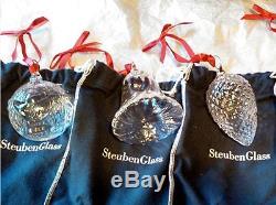 STEUBEN Glass CHRISTMAS ORNAMENTS GIFT SET Holiday Bell Pine Cone Peace on Earth