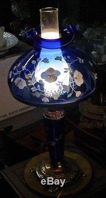 STUNNING FENTON COLBALT BLUE H/P FLORAL TABLE LAMP ARTIST SGN. S. SMITH N/R