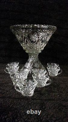 STUNNING Vintage Star of David Crystal Glass Punch Bowl Set with 9 cups & Ladle