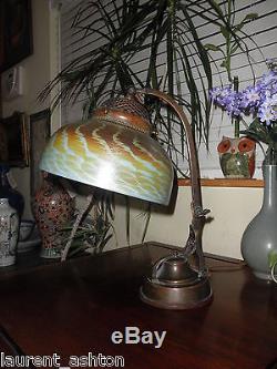 School Of Tiffany Studios Bronze Desk Lamp Favrile Damascene Aurene Quezal Shade