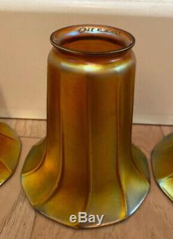 Set Of 4 Antique Signed Quezal Iridescent Art Glass Light Fixture Lamp Shades