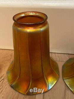 Set Of 4 Antique Signed Quezal Iridescent Art Glass Light Fixture Lamp Shades