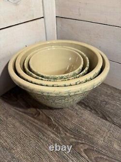 Set Of 4 Robinson Ransbottom Roseville Spongeware Bowls Green Nesting Mixing USA