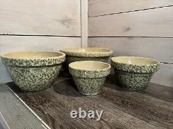 Set Of 4 Robinson Ransbottom Roseville Spongeware Bowls Green Nesting Mixing USA