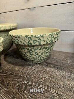 Set Of 4 Robinson Ransbottom Roseville Spongeware Bowls Green Nesting Mixing USA