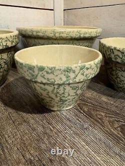 Set Of 4 Robinson Ransbottom Roseville Spongeware Bowls Green Nesting Mixing USA