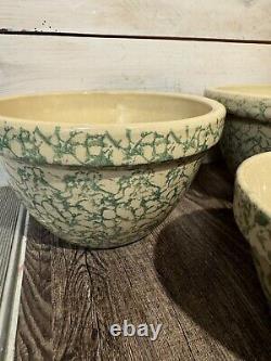 Set Of 4 Robinson Ransbottom Roseville Spongeware Bowls Green Nesting Mixing USA