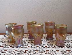Set Of 6 Lct Tiffany Gold Favrile Tadpole Tendril Sherry, Cordial Glasses 3 7/8