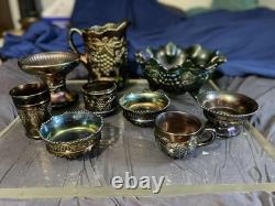 Set Of 9 Antique Northwood Grape Cable Carnival Glass Amethyst