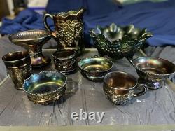 Set Of 9 Antique Northwood Grape Cable Carnival Glass Amethyst