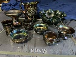 Set Of 9 Antique Northwood Grape Cable Carnival Glass Amethyst