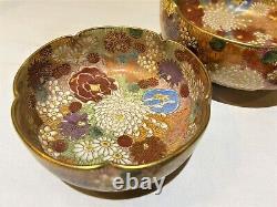 Set of 3 Japanese Satsuma Thousand Flowers Loped Bowls Stamped