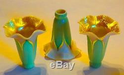 Set of 3 Lily Shades QUEZAL Decorated Art Glass for Nouveau Lighting