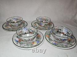 Set of 4 Antique Floral Hand Painted Enameled Bowls & Underplates