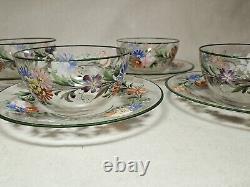 Set of 4 Antique Floral Hand Painted Enameled Bowls & Underplates