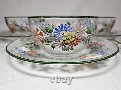 Set of 4 Antique Floral Hand Painted Enameled Bowls & Underplates