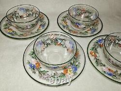 Set of 4 Antique Floral Hand Painted Enameled Bowls & Underplates