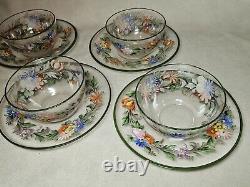 Set of 4 Antique Floral Hand Painted Enameled Bowls & Underplates