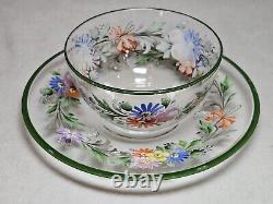 Set of 4 Antique Floral Hand Painted Enameled Bowls & Underplates