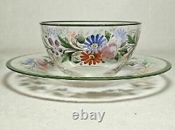 Set of 4 Antique Floral Hand Painted Enameled Bowls & Underplates