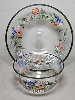 Set of 4 Antique Floral Hand Painted Enameled Bowls & Underplates