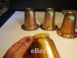 Set of 4 Antique Gold Aurene Quezal Ribbed Art Glass Lamp Shades