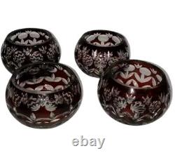 Set of 4 vintage cranberry cut crystal bowls, 3-inch height, 2-inch mouth, cut