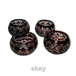 Set of 4 vintage cranberry cut crystal bowls, 3-inch height, 2-inch mouth, cut