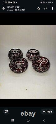 Set of 4 vintage cranberry cut crystal bowls, 3-inch height, 2-inch mouth, cut