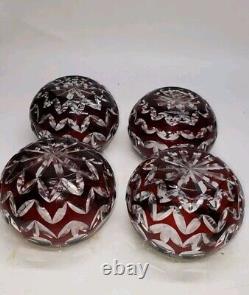 Set of 4 vintage cranberry cut crystal bowls, 3-inch height, 2-inch mouth, cut