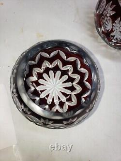 Set of 4 vintage cranberry cut crystal bowls, 3-inch height, 2-inch mouth, cut
