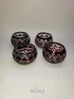 Set of 4 vintage cranberry cut crystal bowls, 3-inch height, 2-inch mouth, cut
