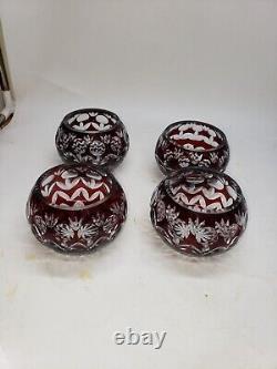 Set of 4 vintage cranberry cut crystal bowls, 3-inch height, 2-inch mouth, cut