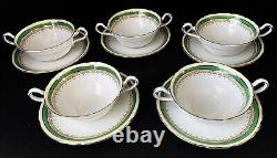 Set of 5 John Aynsley England Wendover Green Flat Cream Soup Bowls and Saucers