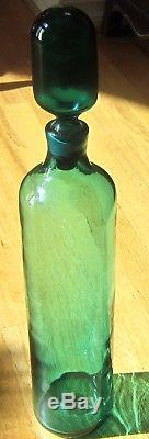 Signed Blenko Blue Green Tall Decanter With Stopper