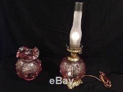 Signed Fenton Empress Pink Glass Puffy Cabbage Rose Gone With the Wind Lamp