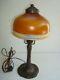 Signed Handel Lamp Base With Signed Steuben Brown Intarsia Brown Art Glass Shade