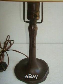 Signed Handel Lamp Base With Signed Steuben Brown Intarsia Brown Art Glass Shade