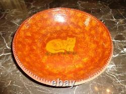 Signed Ned Foltz Pottery Redware Folk Art Cat Design Serving Bowl, 1987